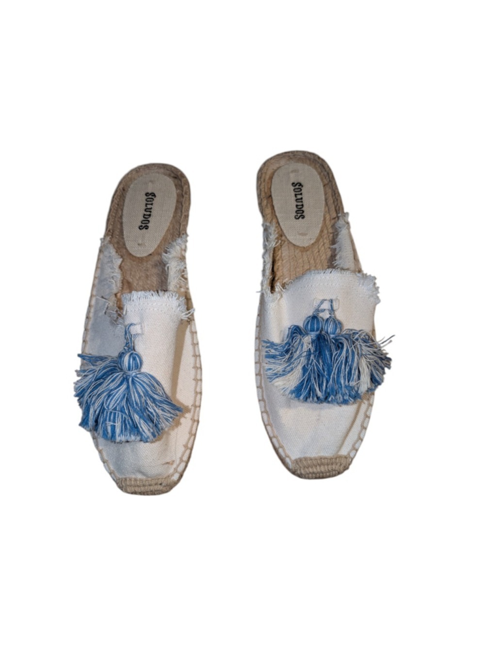 Soludos Women's Frayed Mule Cream w/Blue Tassel Casual Fun Size 7 Boho